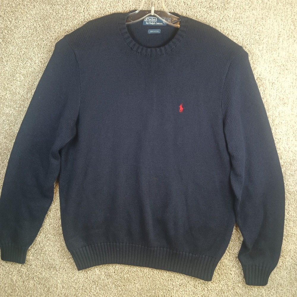 Polo Ralph Lauren Mens Navy Blue Cotton Knit Crewneck Sweater Red Pony Logo L
